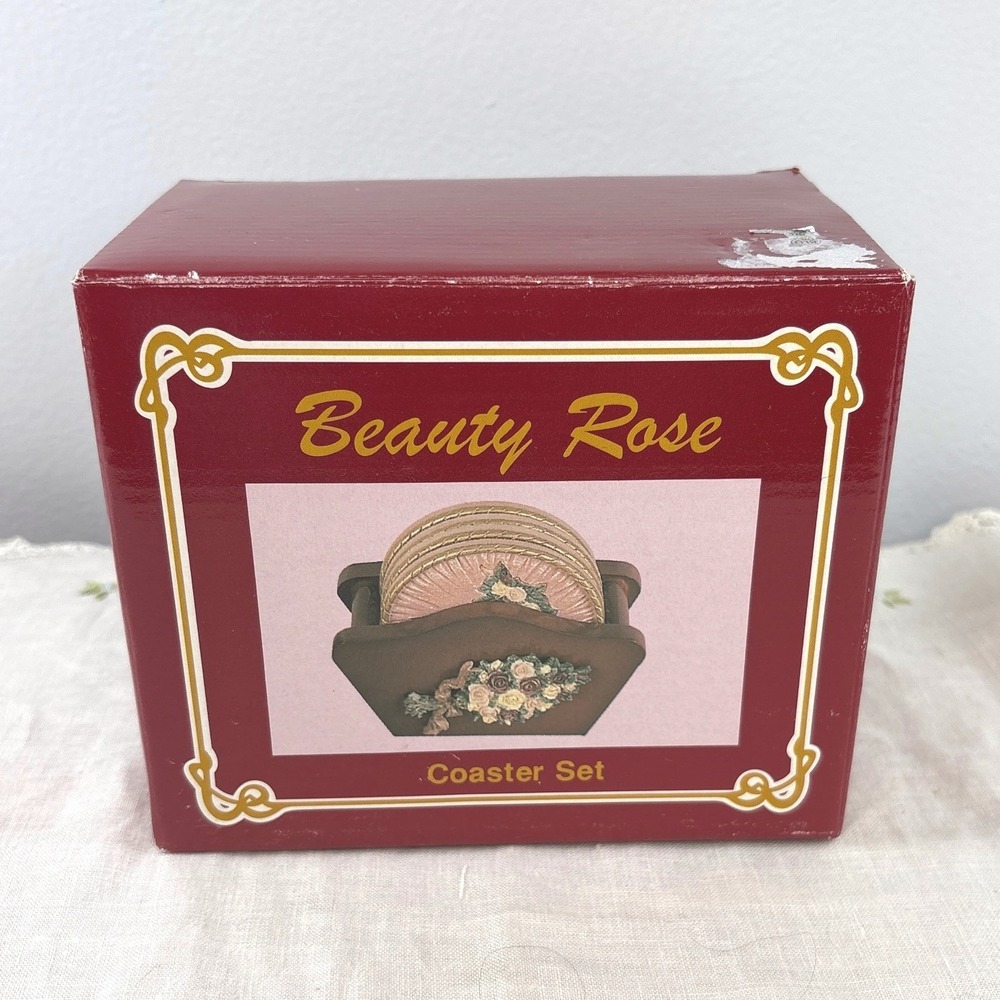 Beauty Rose Floral Coaster Set 4 Round Coasters with Holder  New